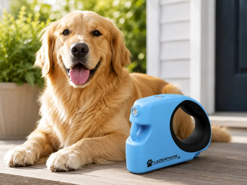 Happy golden retriever beside the LazerPaws device on a porch step